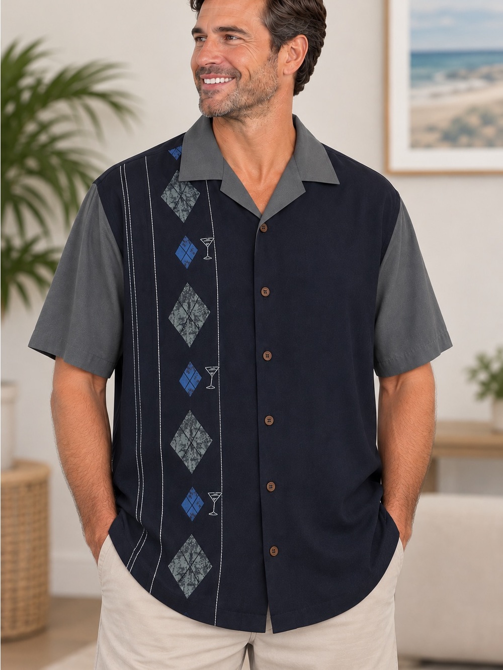 Tommy Bahama Silk Camp Shirt Navy Blue/Gray Argyle Embroidered Martini Men’s L